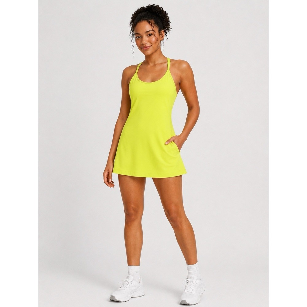 Outdoor Voices Exercise Dress‎ M Neon Yellow Built In Bra Bike Shorts Pockets
